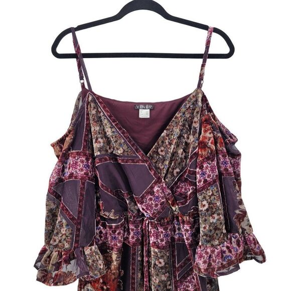 Venus Bohemian Floral High Low Cold Shoulder‎ Dress L Ox Blood Velvet Burnout - Picture 4 of 11
